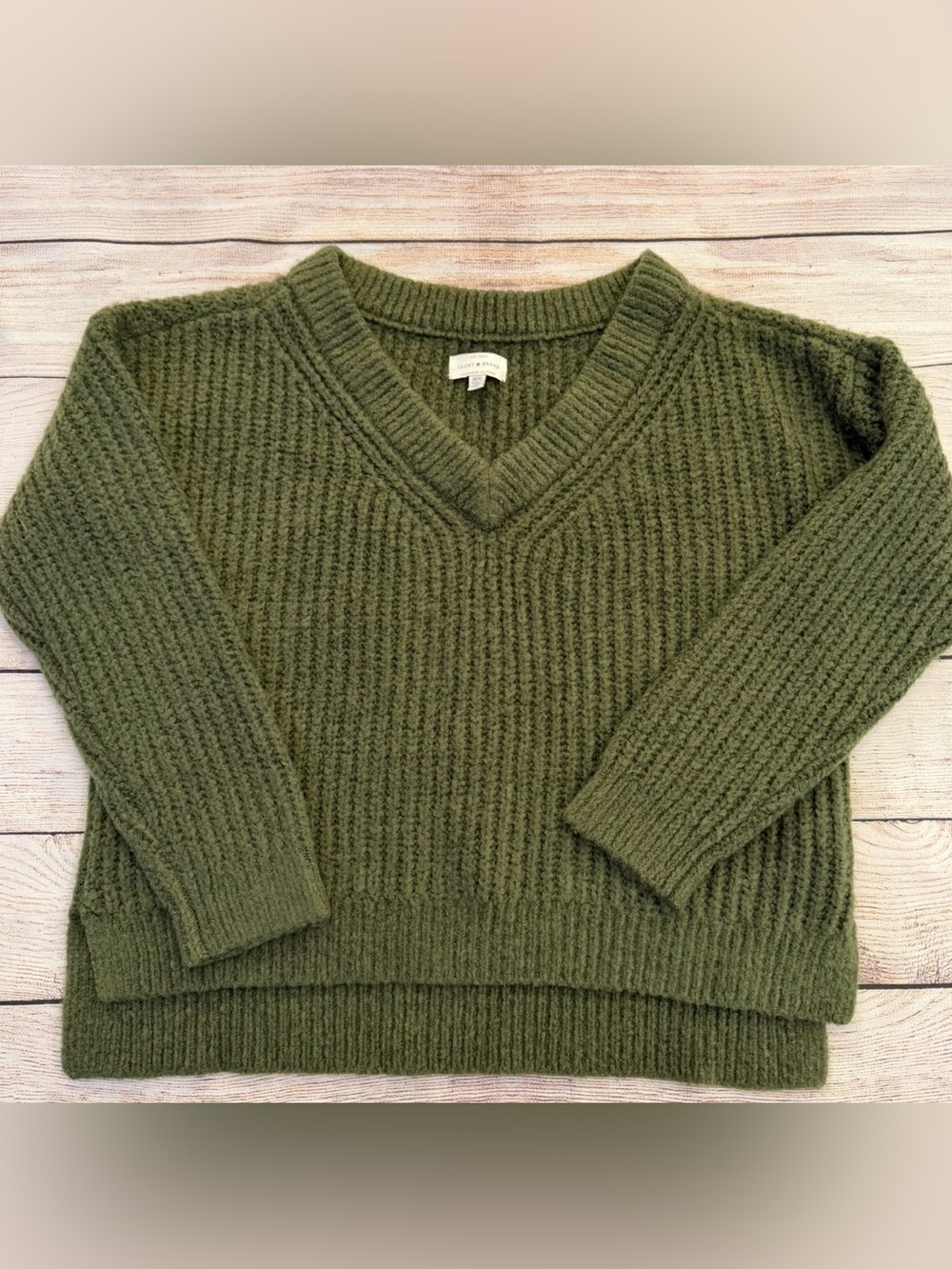 Lucky Brand Olive V-Neck Ribbed Sweater -  Medium